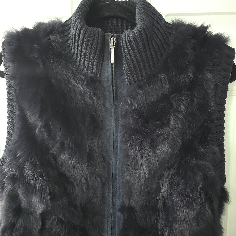 Pologeorgis Vest Womens Medium Black Dyed Real Rabbit Fur Full Zip Soft Winter - Picture 3 of 6